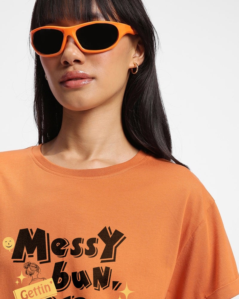 bewakoof Women's Orange Messy Bun Typography Boyfriend T-shirt - Image 5